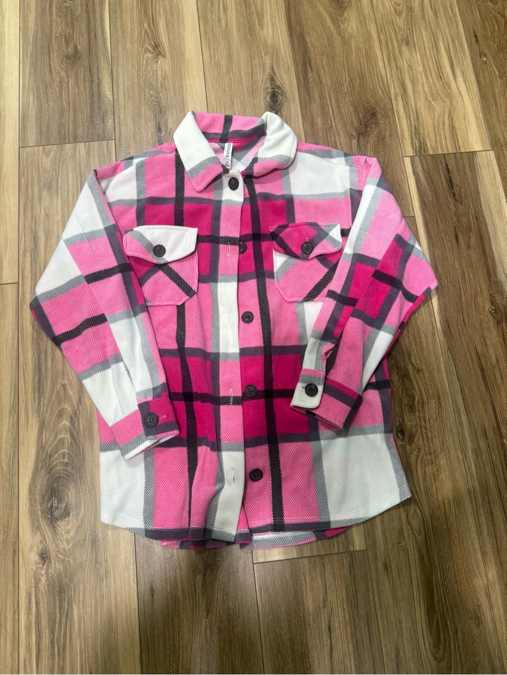 Zenana Outfitters Pink White Plaid Button-Front Shirt Jacket